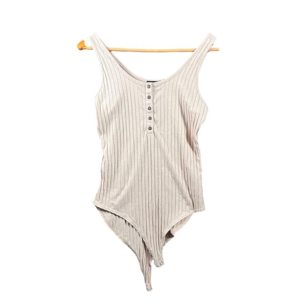 Forever 21 Womens Ribbed Knit Bodysuit Beige Size S w/ Front Buttons